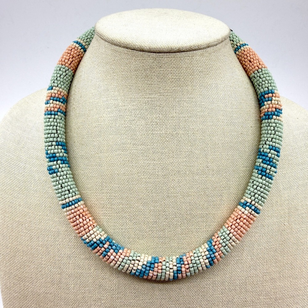 Pastel Seed Bead Woven Rope Necklace Blue Pink Boho Chunky Statement Festival